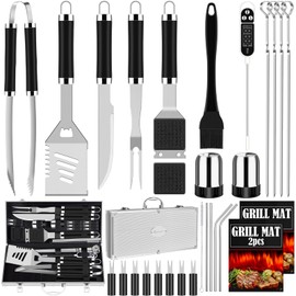 ROMANTICIST 30pcs BBQ Grill Tool Set for Men Dad, Heavy Duty Stainless Steel Grill Utensils Set, Non-Slip Grilling Accessories Kit with Thermometer, Mats in Aluminum Case for Fathers Day Black
