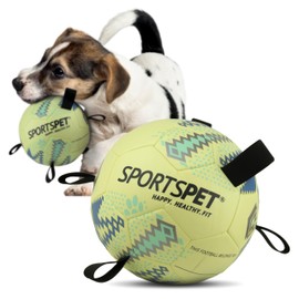 SPORTSPET Dog Football with Grab Tabs, Durable Interactive Dog Balls, Floating Water Dog Toy for Indoor & Outdoor Play (Size 2 Yellow Blue)