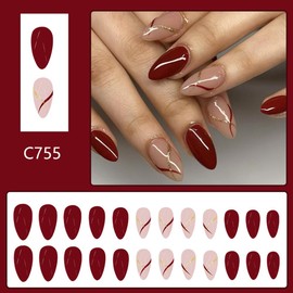 Almond Press on Nails Medium Red Fake Nails with Design Deep Red False Nails Glossy Gold Stripe Artificial Nails Almond Acrylic Nails Full Cover Glue on Nails Spring Stick on Nails for Women 24Pcs