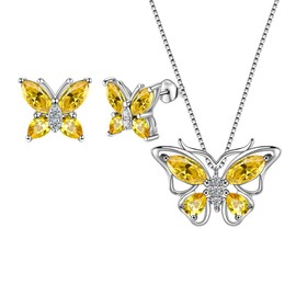 Aurora Tears Butterfly Jewelry Set,925 Sterling Silver Butterflies November-Citrine Birthstone Pendant Necklace Earrings for Women Teen DS0045N