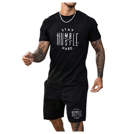 WDIRARA Men's 2 Piece Short Sets Graphic Print Short Sleeve T Shirts and Drawstring Shorts Clothing Set Black Letter Large