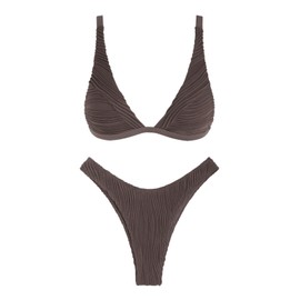ZAFUL - Conjunto de bikini para mujer, diseño triangular con textura, corte alto, corte alto, traje de baño de dos piezas, Café 2 profundos, Small