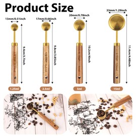 Measuring Spoons Set of 4, Stainless Steel Gold Measuring Cups Measuring Spoon with Wooden Handle Measuring Spoons for Cooking Baking