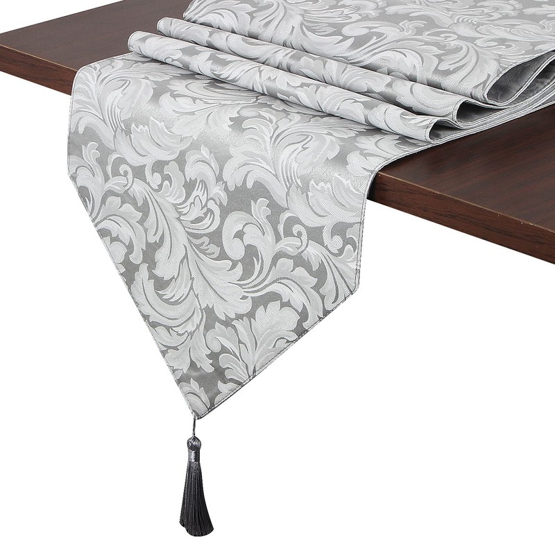EHouseHome Jacquard Damask Reversible Silver Grey Table Runners with Tassels