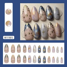 24Pcs Gold Star Press on Nails Medium Almond French Tip Fake Nails with Cloud Gilding Design Nude Pink Full Cover Artificial Glue on Nails Glossy False Nails Cute Stick on Nails for Women DIY Manicure