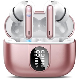 Wireless Earbuds, 2025 Bluetooth 5.3 Headphones Stereo Bass Ear Buds, Bluetooth Earbuds with 4 ENC Noise Cancelling Mic, 40Hrs in Ear Headphones with Dual LED Display, IP7 Waterproof Earphones Pink