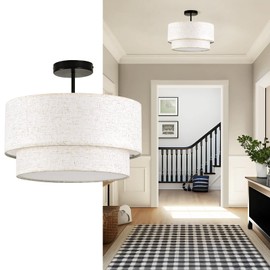 Buovikalo 16" Semi Flush Mount Ceiling Lights, 3 Light Entryway Ceiling Light Fixtures with Double Drum Linen Fabric Shade, Large Drum Light Fixture for Bedroom, Foyer and Hallway