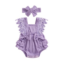 Ursobutegl Newborn Baby Girl Lace Romper Ruffle Sleeveless Backless Onesie Jumpsuit Bodysuit with Headband Summer Clothes (Purple Bow, 12-18 Months)