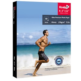 Koala Papel fotográfico ultra premium de 8.5 x 11 pulgadas, papel fotográfico brillante para impresora de inyección de tinta, resistente al agua, 50 hojas, 70 libras