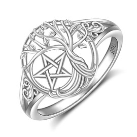 Pentagram Pentacle Ring Sterling Silver Ring for Women Family Tree of Life Wicca Pentagram Jewelry Amulet Birthday Gifts Size 8
