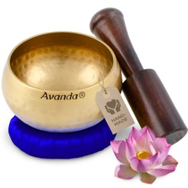 Tibetan singing bowl set for yoga, meditation and relaxation - hammered Tibetan singing bowl Ø 10 cm (4 in), mango wood mallet and ring cushion, blue