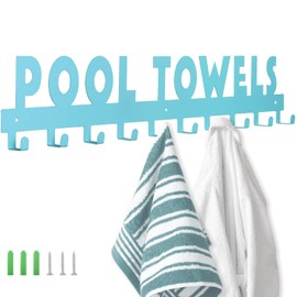 IBosins Large Pool Towel Rack with 10 Hooks, Towel Holder Wall Mounted for Outdoor, Towel Hanger for Hanging Bathrobes, Towels, Clothes - Perfect Pool Area Outside Sign and Decor (Blue)