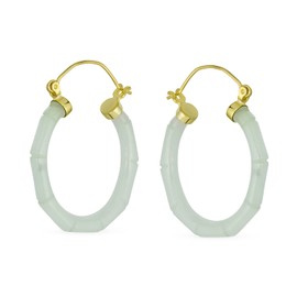 Light Green Jade Real Gemstone Green Round Bamboo Jade Hoop Earrings for Women 14K Gold Plated .925 Sterling Silver 1.2 Inch Diameter, jade, Jade