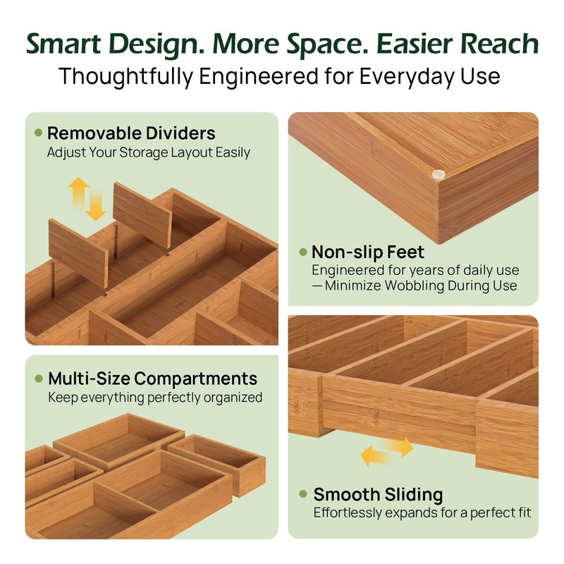 keechee 6-Piece Bamboo Drawer Organizer Set, 2.2" Deep | Multi-Use