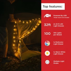 LuminAID LED String Lights - 2-Pack of 32ft USB Lights with 100 LED Bulbs per Strand - Warm White and Multicolor with 8 Modes - Perfect for Camping, Backyard, Patio, Indoor, Christmas, Power Outages