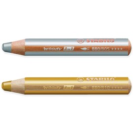 STABILO Multi-talented Pencil woody 3-in-1 - Pack of 2 Pencils - Gold & Silver
