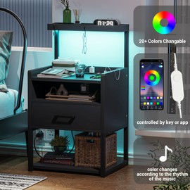 AOGLLATI Nightstand with Charging Station, Nightstand with Drawer and USB Ports, LED Night Stand for Bedroom, Bedside Table with Shelf, End Side Table Easy Assembly Edge Protection