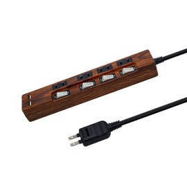STYLED USB Power Tap, 6.6 ft (2 m) Extension Cord, Total 2.4 A, 2 USB Ports, AC Outlets, 4 Outlets, Rapid Charging, Lightning Guard, Individual Switch, 1,400 W (USB 2.4 A, Walnut Tone, Power Cord 6.6 ft (2 m) x 1)
