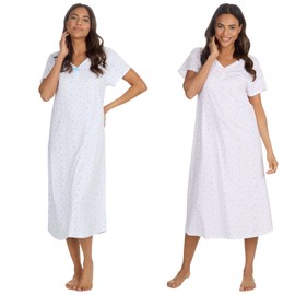 INSIGNIA Womens Pack of 2 Short Sleeve Long Pure Cotton Jersey Nightshirts Nighties (Pink -Blue Floral, 14-16)