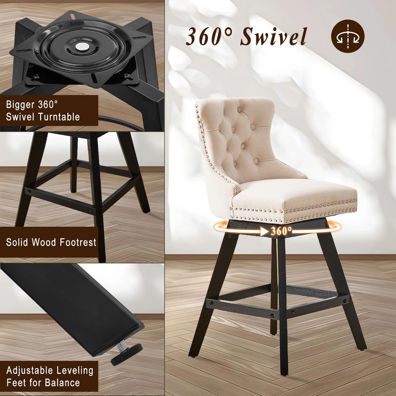 SoarFlash Kitchen Swivel Bar Stools with Solid Wood Legs Upholstered