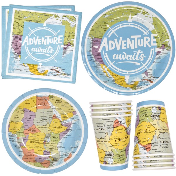 Gift Boutique Adventure World Awaits Map Party Tableware Set 24 9" Paper Plates 24 7" Plate 24 9 Oz Cups 24 Lunch Napkins For Exploring Travel Trip Aboard Retirement Disposable Dinnerware Decor