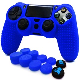 FOTTCZ Anti-Slip Silicone with Dots on Hand Grip Skin Set, Protect for PlaySation 4 Controller (Alias Wireless DualShock 4), which 1pcs Blue Controller Skin + 8pcs Thumb Grip Caps