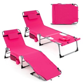 Giantex Set of 2 Tanning Chair, 5-Position Adjustable Beach Chair with Face & Arm Hole, Hand/Shoulder Strap, Removable Pillow, Side Pocket, Load 400 Lbs, Sunbathing Chair, Lounge Chair Outdoor, Pink