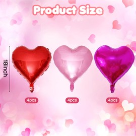 Pack of 12 Heart Foil Balloons, 18 Inch Heart Balloons, Helium Heart Balloons, Heart-Shaped Balloons for Valentine's Day, Wedding, Birthday, Engagement, Bridal Shower
