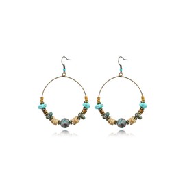 Boho Beaded Hoop Earrings for Women Vintage Wood Bead Shell Turquoise Dangle Earrings Ethnic Tassel Charms Drop Earring Western Statement Jewelry Gifts (Metal Ball)