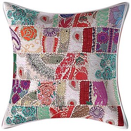 Stylo Culture Indian Cotton Vintage Fabric Patchwork Cushion Covers Large 60cm x 60cm White Boho 24x24 Inch Embroidered Square Couch Lounge Floral Throw Pillow Cover - (1 Pc)