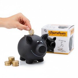 1 x ceramic piggy bank, black, blackboard varnish for labelling, including lock and key, dimensions: approx. 17.5 x 13.5 x 14.4 cm, gift idea for savings foxes of all ages