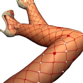 Masiter Rhinestone Mesh Fishnet Tights Stockings Glitter Red Pantyhose High Waist Stockings Nightclub Tights for Women and Girls