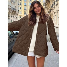 Flygo Women's Oversized Quilted Lightweight Jacket Button Down Puffer Padded Outerwear with Pocket(Coffee-L)