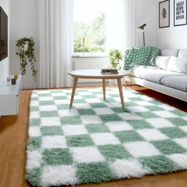 KICMOR Sage Green and White Area Rug 3x5 Bedroom Carpet, Fluffy Fuzzy Shag Checkered Rug, Soft Shaggy Bedside Small Rugs, Non-Slip Furry Plush Rug for Living Room, Nursery, Kids Playroom, Boys Room