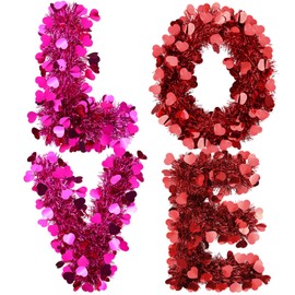 XunYee 4 Pack Red Valentine Love Letters Wreaths Tinsel Heart Shaped Wreaths with Foil Hearts Hanging Valentines Day Party Supplies for Wedding Birthday Party Front Door Wall Window Mantel Decor