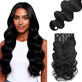 Loxxy Seamless Body Wave Clip Ins for Black Women, 18 Inch Clip in Hair Extensions Body Wave Remy Human Hair Brazilian Natural Black Color 110g 7 Pieces