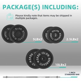 Fitvids Barbell Weight Set, Cast Iron 1" Standard Weight Plates Including 5FT Standard Barbell Bar & Star Locks, 45 Pounds Set (35 Lbs Plates + 10 Lbs Barbell Bar), Multiple Packages