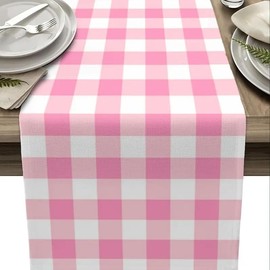 Camino de mesa de Navidad de lino rojo y blanco con bastón de caramelo, 72 pulgadas de largo, temporada de invierno, Navidad, día festivo, estilo granja, decoración de mesa (rosa claro)