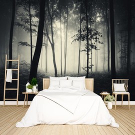 BZHXBZ - Dark Enchanted Forest Wallpaper Foggy Black Woods Bedroom Jungle Tree Mural Living Room Woodland Large Wall Mural - 137"x96" Not Peel and Stick