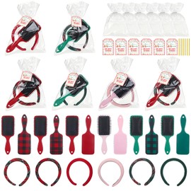 Vesici 6 Set Christmas Tartan Gift Bulk for Women Plaid Headbands Bulk Stocking Stuffers Head Spa Set Tartan Hair Brush with Plastic Bags & Labels Items Accessory for Spa Xmas Party Salon Makeup