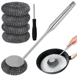 PXIRQ Stainless Steel Scrubber with 13.78" Metal Handle - Includes 4 Replacement Wire Pads, Ideal for Home Kitchen & Outdoor Camping Cooking - Cleaning Dishes, Cast Iron, Grills, Stoves Effortlessly