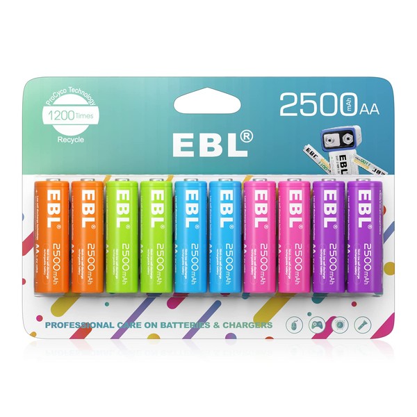 EBL Rechargeable AA Batteries 2500mAh 1.2V Ni-MH Double AA Battery 10 Pack