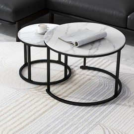 Round Coffee Table Set of 2,Stacking End Table for Living Room,Modern Side Tables, Sturdy and Easy Assembly, Accent Furniture with Metal Frame.(Marble)