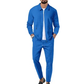 Veriliss Men's 2-Piece Waffle Soft Hoodies Sweatsuit Sets Male Tracksuit Sets with Full Zip Trendy Jacket Suit Business Outfits, blue