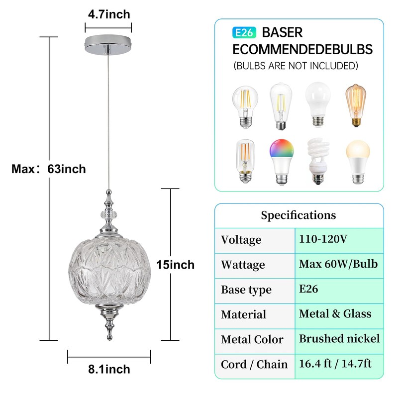 TLOLGT Modern Chrome Pendant Light Fixtures 8.3" Pendant Lighting for