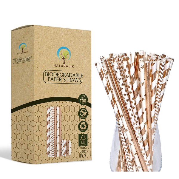 Naturalik 100-Pack Biodegradable Rose Gold Paper Straws- Extra Durable- Paper Straws for Wedding, Bridal Shower celebrations, Baby Shower decorations, birthday party straws, Rose Paper Straws