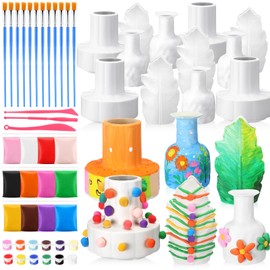 Hushee 12 Set Paint Your Own Vases DIY Art Craft Project Unpainted White Plastic Vases 12 Paints 12 Color Air Dry Clay Painting Kit Ready to Paint for Spring Birthday Party Activity Gift Home Decor