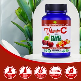 THE FOOD MOVEMENT CO. 100% Plant-Based Vitamin C 60 Capsules 125mg - Adults Immune System Antioxidant Support Dietary Supplement - Whole Food Vegan Supplements from Organic Non-GMO Gluten-Free Fruits
