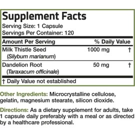 Bronson Cardo Mariano 1000mg con Silymarin y Diente de León Suplemento Hepático Antioxidante Sin OGM Sin Gluten 120 Cápsulas