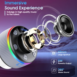 Bluetooth Shower Speaker, Portable Wireless Speaker with Time Display, 2025 IP7 Waterproof Mini Speakers with 360° Stereo Bass Sound, RGB Lights, Bulit-in Mic, Suction Cup for Bathroom, Travel, Grey